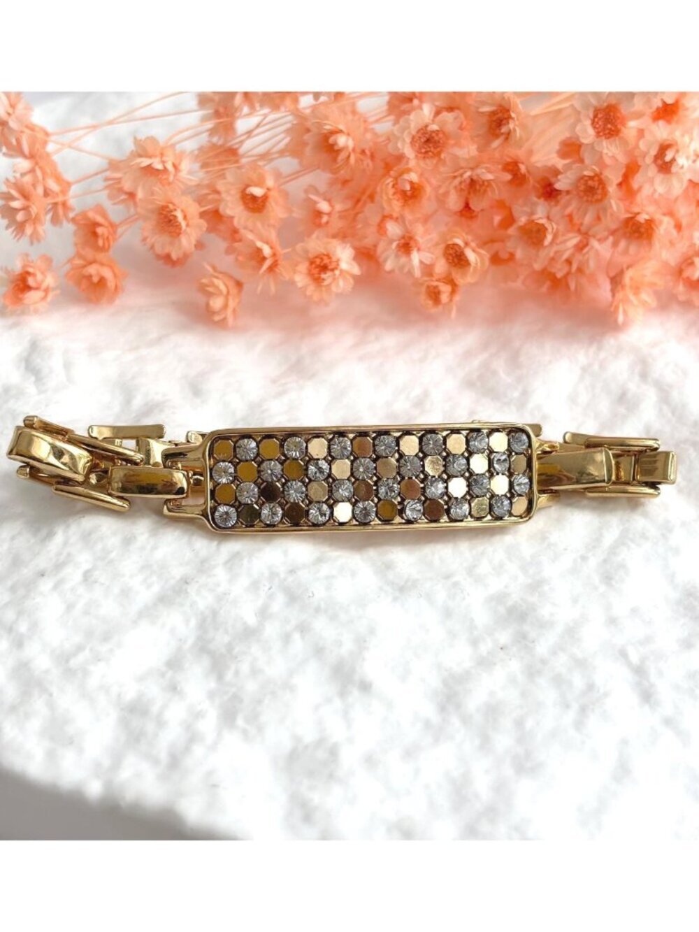 Gold Toned Rhinestoned ID Style 80's Vintage Panel Chunky Bracelet